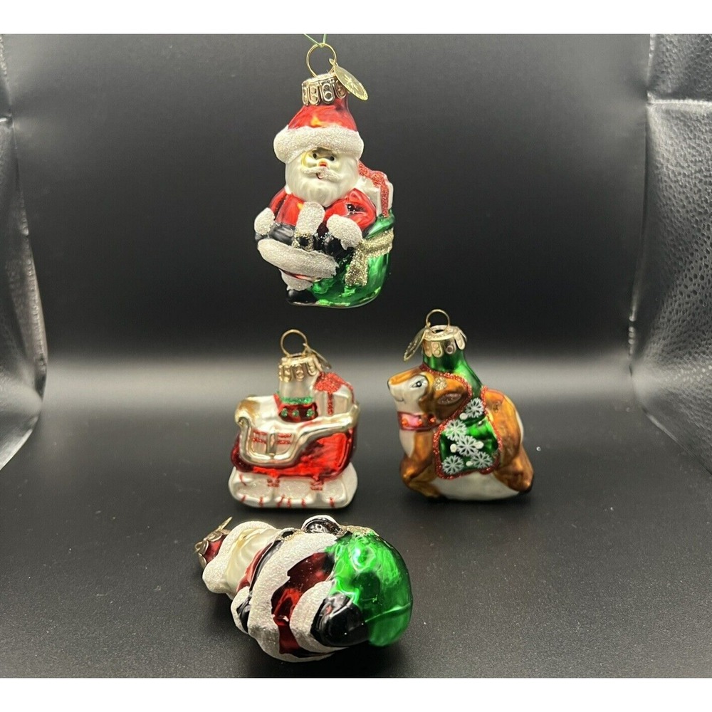 Celebrations By RADKO (2) Santa Sleigh & Reindeer Christmas Ornament Set of 4
